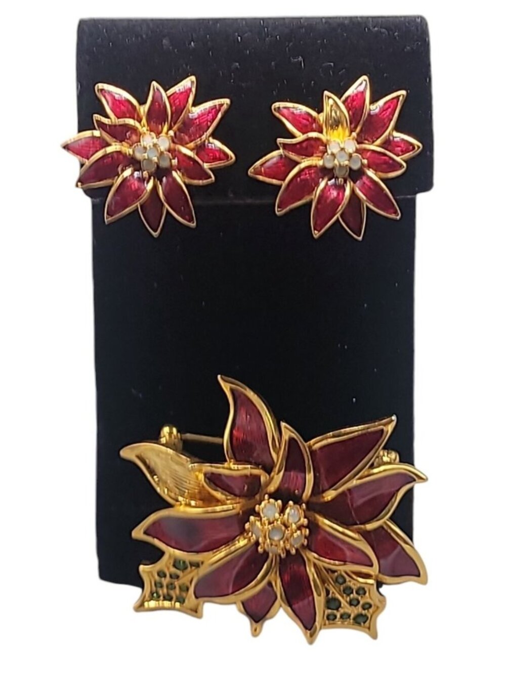 Nolan Miller Poinsettia Jewelry Set Red Enamel Gold Plated Chrjstmas Holiday
